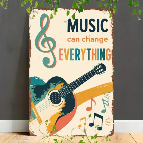 Vintage Blechschild 2D Retro 'Music Changes Everything' mit Gitarre – Metall-Wandschild für Zuhause, Garage, Café, Bar & Garten