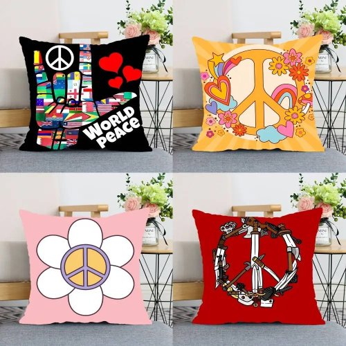Vỏ gối vintage họa tiết biểu tượng hòa bình, phong cách chống chiến tranh — dùng cho sofa, phòng ngủ, ôtô