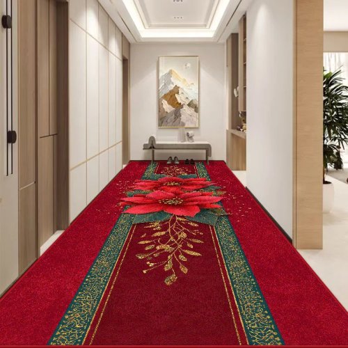 سجادة حمراء على الطراز الشرقي القديم بتصميم زهري – كبيرة الحجم، قابلة للغسل، غير قابلة للانزلاق لممر المنزل والفندق