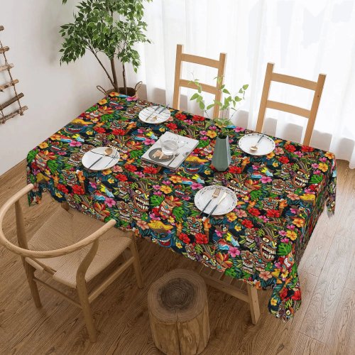 Hawaiian Tiki Mask Tropical Tablecloth with Palm and Monstera Leaves - 45-50 inch Rectangular