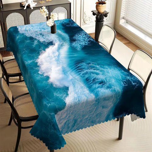 Mantel de mesa con estampado de olas marinas, color turquesa, borde festoneado y resistente a manchas, ideal para comedor y decoración costera