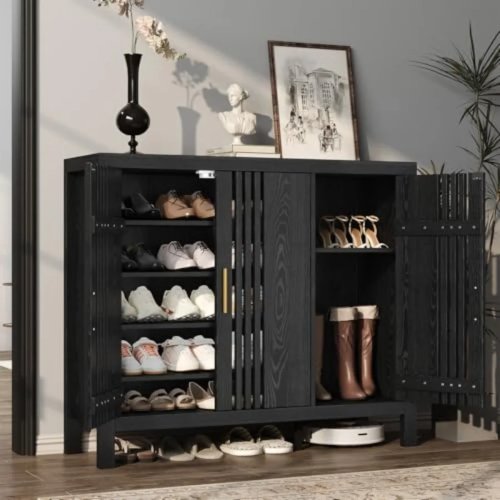 Meuble à chaussures en bois 3 portes avec étagères réglables – Meuble rétro sur pied pour entrée, couloir, salon