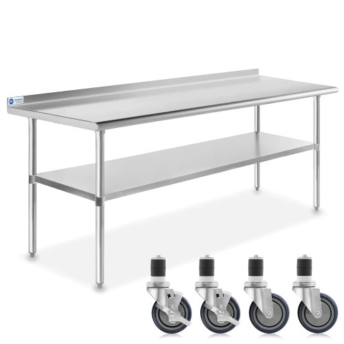 Mesa de preparação em aço inoxidável 72x30 polegadas, mesa de trabalho comercial NSF com proteção traseira e rodas, estação de trabalho móvel para preparação de alimentos, prateado