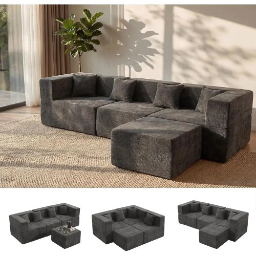 Großes L‑förmiges 4‑Sitzer Ecksofa mit Ottomane und Kissen, Chenille‑Bezug, Grau, sofort einsatzbereit
