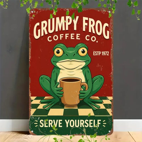 Placa metálica vintage Grumpy Frog Coffee Co. — Placa de lata retro 2D para decoração de casa, garagem, café, bar e jardim