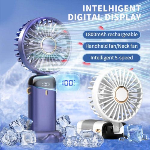 Ventilatore Portatile Mini Pieghevole da Collo 5 Velocità Ricaricabile USB con Supporto per Telefono e Display 1800mAh