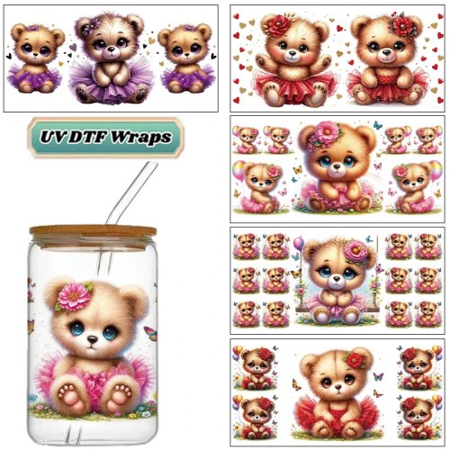 Cute Ballerina Teddy Bear UV DTF Wraps, Kawaii Tutu Bear Stickers for 16oz Glass Cans, Waterproof DIY Transfer Decals