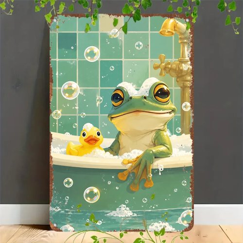 Placa metálica vintage 2D – Rana en la bañera, decoración retro de pared para casa, garaje, cafetería, bar y jardín