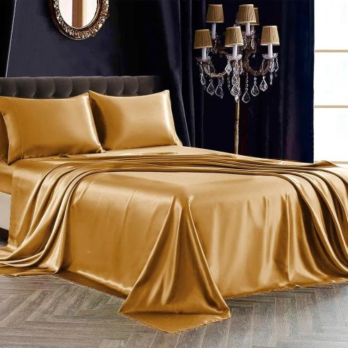 Ultra-silky gold satin twin sheet set — 1 deep-pocket fitted sheet, 1 flat sheet, 2 pillowcases