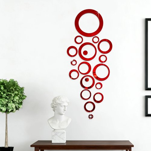 72 pegatinas de pared de espejo acrílico redondo hueco rojo reflectante de luz DIY - Decoración desmontable que realza el espacio para sala de estar