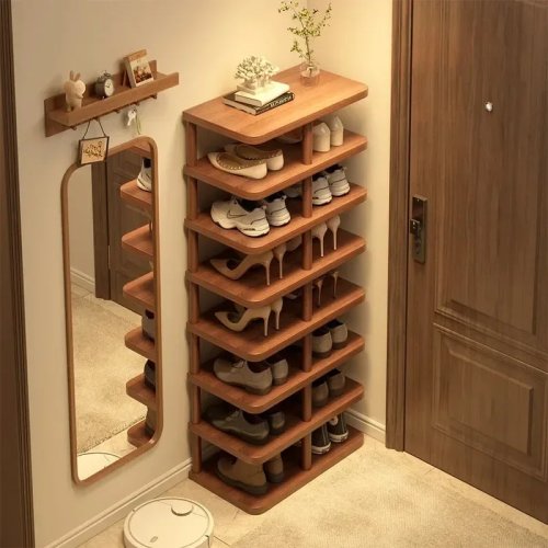Scarpiera AOLIVIYA in legno massello, a più ripiani, slim — armadietto porta-scarpe compatto per ingresso e camere piccole/in affitto