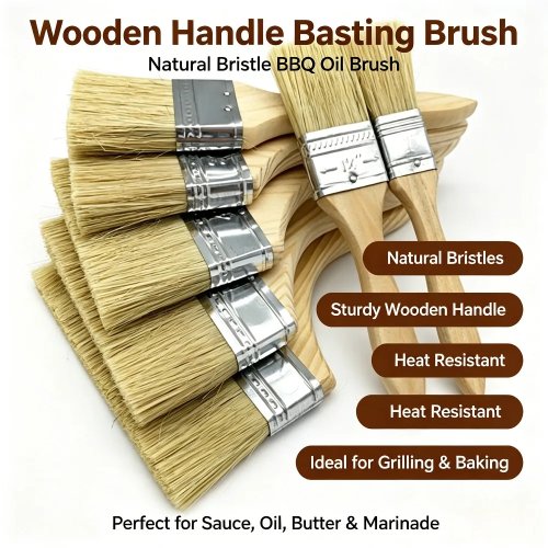 Pennello da cucina con manico in legno, setole naturali resistenti al calore — per BBQ, cottura, pasticceria e marinature
