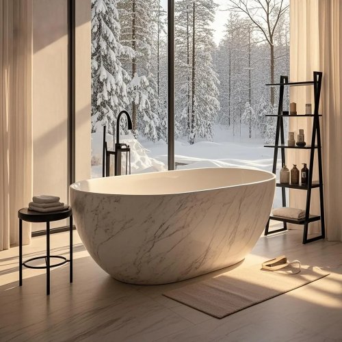 Bañera exenta de piedra artificial de lujo - Acabado mármol Carrara blanco, para villa/hotel/Airbnb, disponible en 2 tamaños