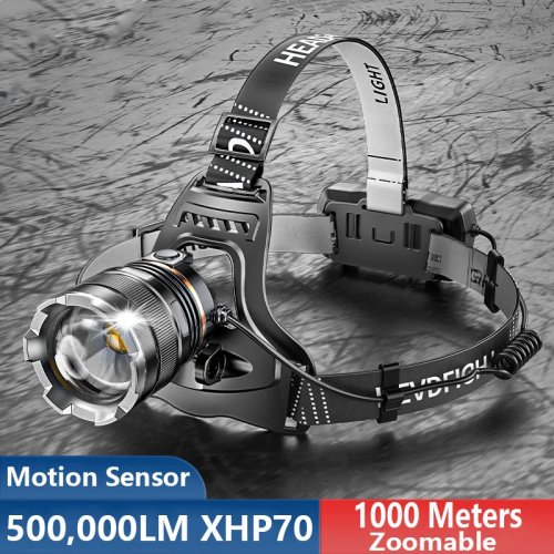 Lámpara frontal LED XHP70 500000LM con sensor, zoom y recargable por USB — Luz potente para bicicleta y camping, batería 18650, resistente al agua