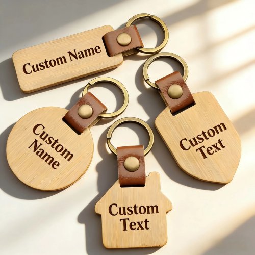 Gantungan Kunci Kayu Custom — persegi panjang, bulat, bentuk rumah & perisai | Hadiah personalisasi DIY