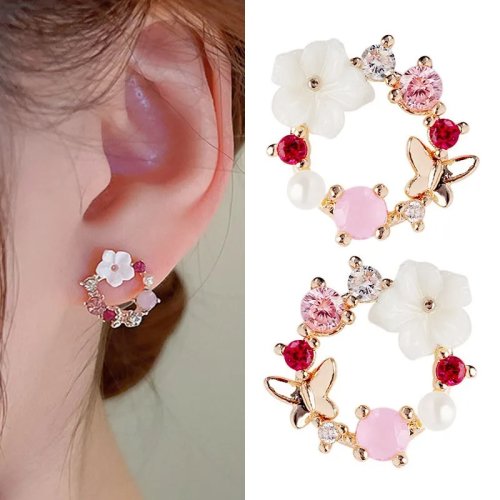 Anting Tusuk Perak 925 dengan Kristal dan Mutiara — Motif Kupu-kupu & Mahkota Bunga, Fashion Korea Wanita Tren 2026