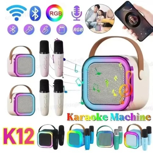 Bocina Bluetooth K12 Karaoke Portátil con 2 Micrófonos Inalámbricos - Sistema de Bocinas para Cantar en Familia, Regalo para Niños
