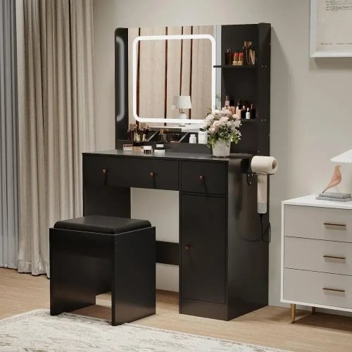 LED Lighted Vanity Table — 4 Drawers, Shelves & 3-Color Adjustable Brightness for Makeup and Bedroom