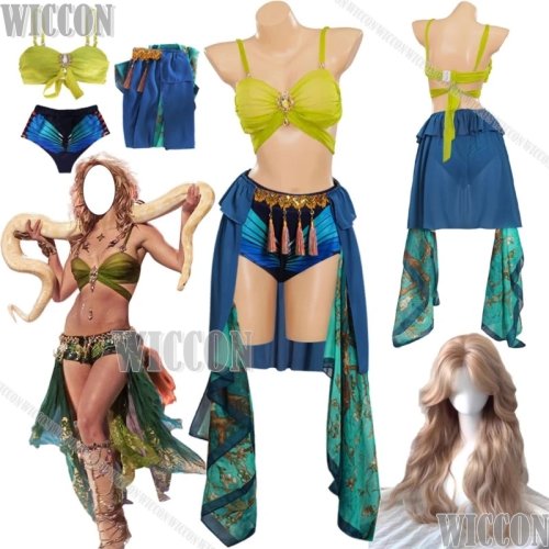 Trang phục cosplay nữ 'Diva nhảy' gợi cảm – áo xanh lá + chân váy xanh dương kèm tóc giả – Trang phục sân khấu, Halloween, tiệc