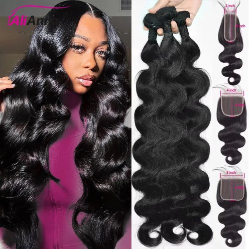Paquetes de cabello humano Body Wave 24–26'' con cierre HD de encaje (4x4, 5x5, 2x6) — Pelo brasileño crudo 100% humano, encaje HD transparente