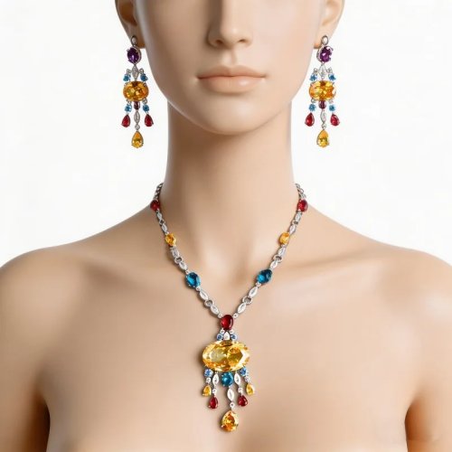 Set de joyería vintage: collar con colgante oval amarillo de circonita y borlas + aretes a juego, para boda o fiesta