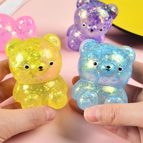 Lot en gros Squishy Ours Gummy pailleté — Petits animaux mignons à presser anti-stress, en vrac pour cadeaux et lot de récompenses