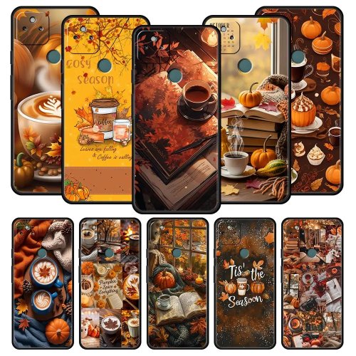 Coque souple en TPU anti-choc motif citrouille et feuilles d'automne couleur café pour Google Pixel 6/6a/7/7a/8/8a/9/9a/10/10 Pro/10 Pro XL