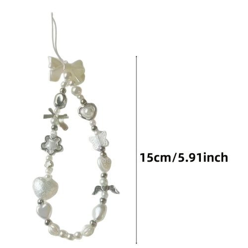 Y2K wit telefoonkoord met strikje en hartje, anti-diefstal — multifunctionele telefoonketting, tasbedel & sleutelhanger; ideaal cadeau voor reizen, feest, diploma