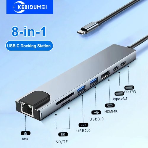 Hub USB-C 8-in-1 dengan HDMI 4K, USB 3.0, RJ45, Pembaca Kartu SD/TF, dan PD Charging untuk Laptop