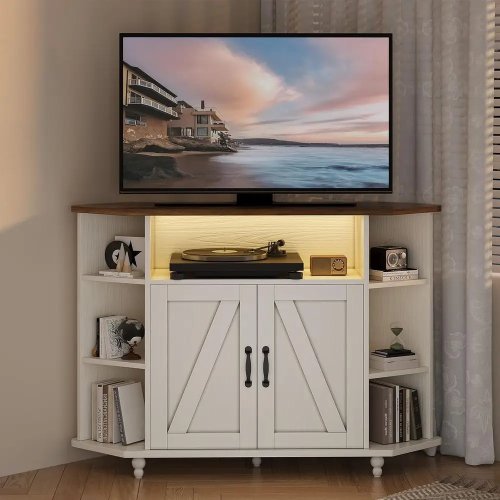 ТВ-тумба 55" с полкой 45", шкаф для хранения с системой укладки кабелей и LED-подсветкой, белая — для гостиной/спальни