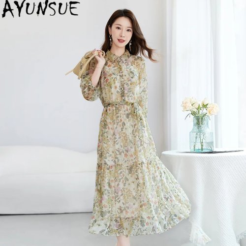 AYUNSUE Váy Biển Lụa Dâu Tằm 100% Thật Cho Nữ - Váy In Hoa Dây Rút Mùa Hè Thanh Lịch