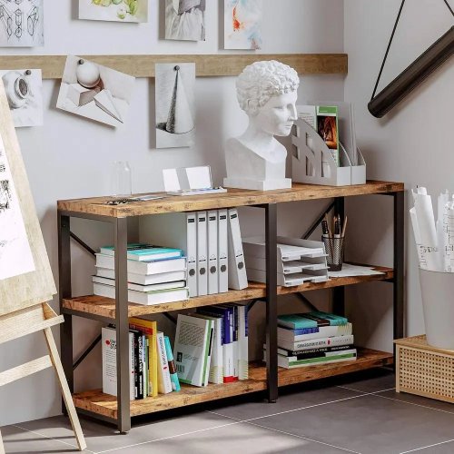 Doppelt breites 55 3-stöckiges Holz-Metall-Bücherregal, Industrial Style, für Zuhause oder Büro