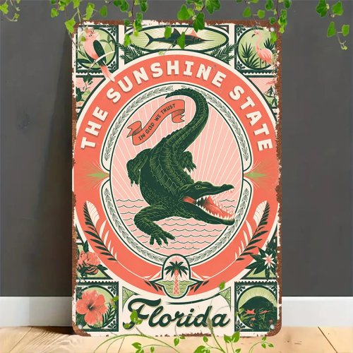 Placa de metal chata retro 2D Florida Sunshine State - Letreiro de parede vintage para casa, garagem, café, bar, jardim
