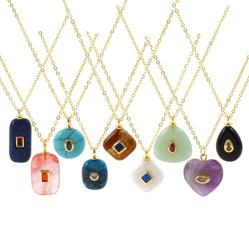 Kalung Kuningan Vintage dengan Liontin Batu Alam, Lapis Emas 18K, Rantai Kabel, Kalung Kerah Wanita