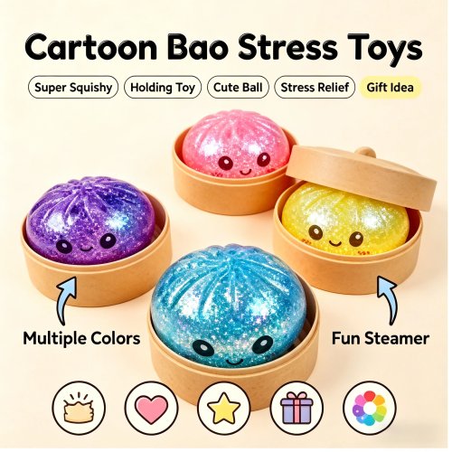 Đồ chơi squishy bánh bao giảm stress, có hạt và kim tuyến — mềm, cảm giác nhấn thư giãn