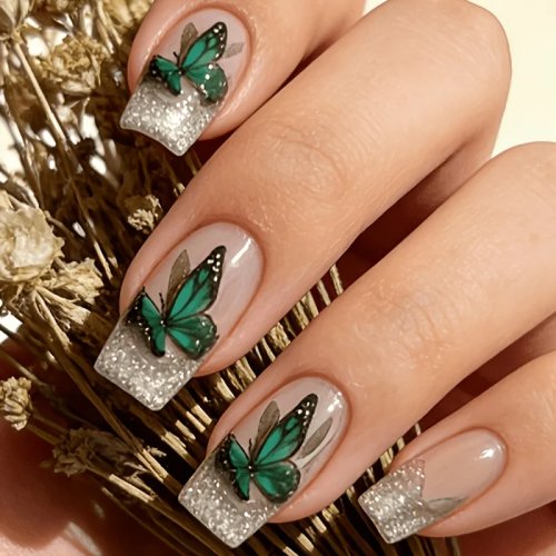 24 cái móng giả Press-On, dài vừa, đầu vuông, họa tiết bướm xanh — Bộ móng nail phong cách gothic