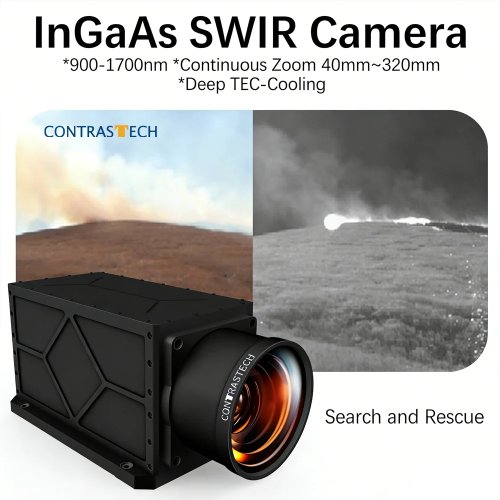 Camera SWIR InGaAs 640×512 tầm xa, ống kính zoom 40–320 mm, làm mát TEC, ngõ ra HD‑SDI — dùng cho quan sát/xuyên sương mù