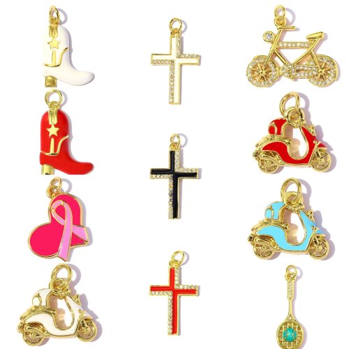 3 Piezas Colgantes de Cobre — Corazón, Cruz y Motocicleta para Bisutería DIY, collares y aretes (mayoreo)