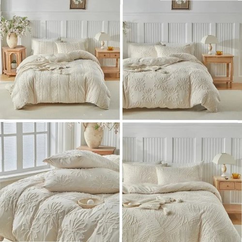 Luxe beige dekbedovertrekset met kussensloop, maat Full/Queen, boho microvezel, voor alle seizoenen