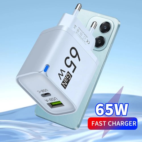 Charger GaN USB-C 65W pengisian cepat — Adaptor 65W PD untuk iPhone, Xiaomi, Huawei, Samsung, OnePlus