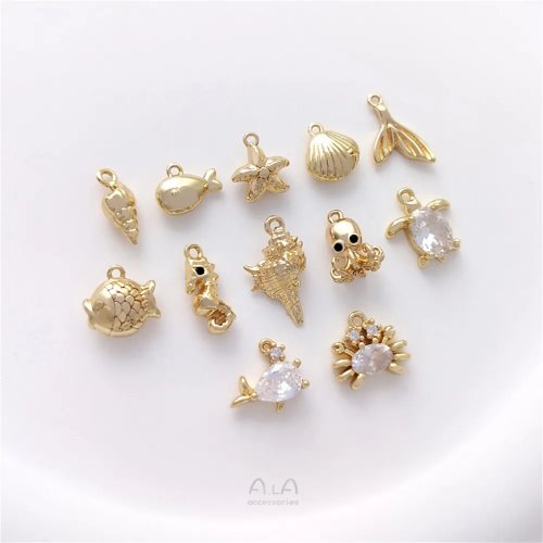 Подвеска «морские существа», позолота 14K — раковина (conch), гребешок, морская звезда, кит — ручная работа, шарм для браслета и серег