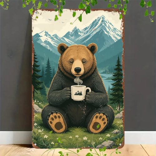 Retro-Blechschild 2D – Mountain Retreat "Coffee Bear" Vintage-Werbeschild zur Wanddekoration für Zuhause, Garage, Café, Bar & Garten