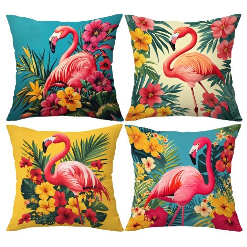 Fundas de cojín 4 unidades, estampado flamenco y flores rosa/rojo, poliéster resistente con cremallera, lavable y anti-decoloración, para sofá/coche/exterior — solo fundas, sin relleno