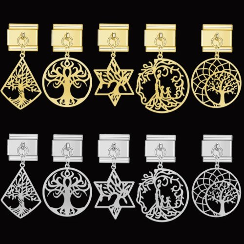 Dije Árbol de la Vida con borla para pulsera Italian Link 9 mm — acero inoxidable, compatible con módulos, amuleto DIY