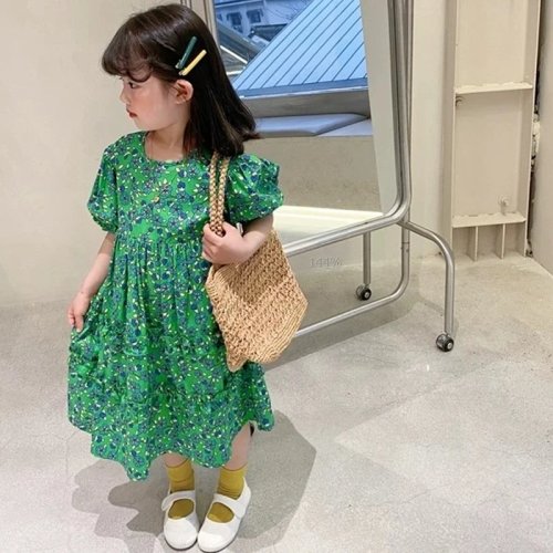 Váy công chúa bé gái màu xanh họa tiết hoa rừng — Quần áo bé gái cao cấp, làm quà tặng, size 2–7 tuổi