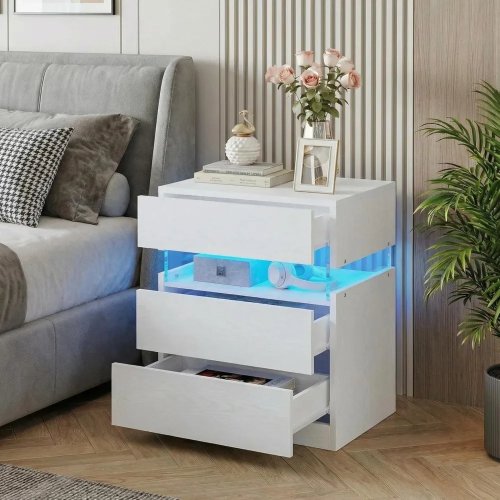 Nakas modern 3 laci dengan lampu LED — Meja samping tempat tidur dengan ruang penyimpanan