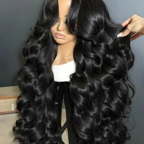 Wig rambut manusia Body Wave 30/40 inch - frontal lace 13x6 HD transparan, garis rambut sudah pre‑plucked; tersedia juga varian 13x4