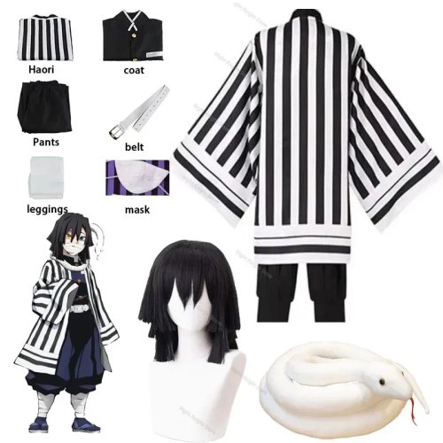Costume cosplay Demon Slayer (Kimetsu no Yaiba) Obanai Iguro — haori/kimono con parrucca e accessorio serpente bianca