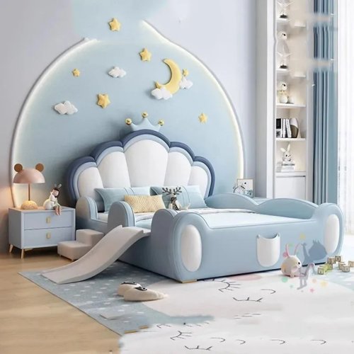 Queen size bunk bed frame with storage and USB charging port – cute kids/girls bedroom set, child/teen loft bed
