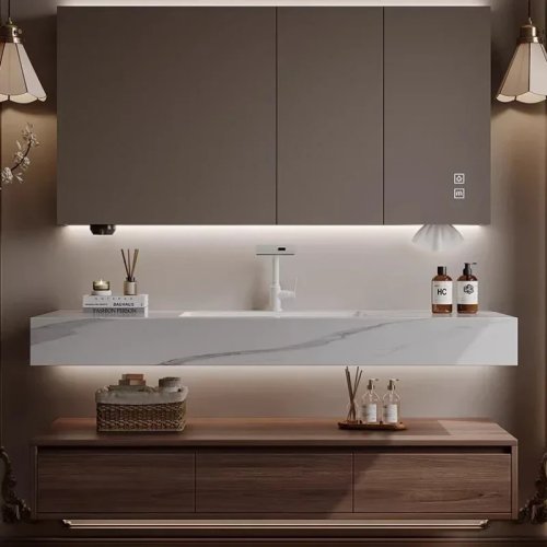 Mobile bagno con lavabo in lastra di pietra curva senza giunte — mobile/organizer lavabo, stile medievale per hotel/casa